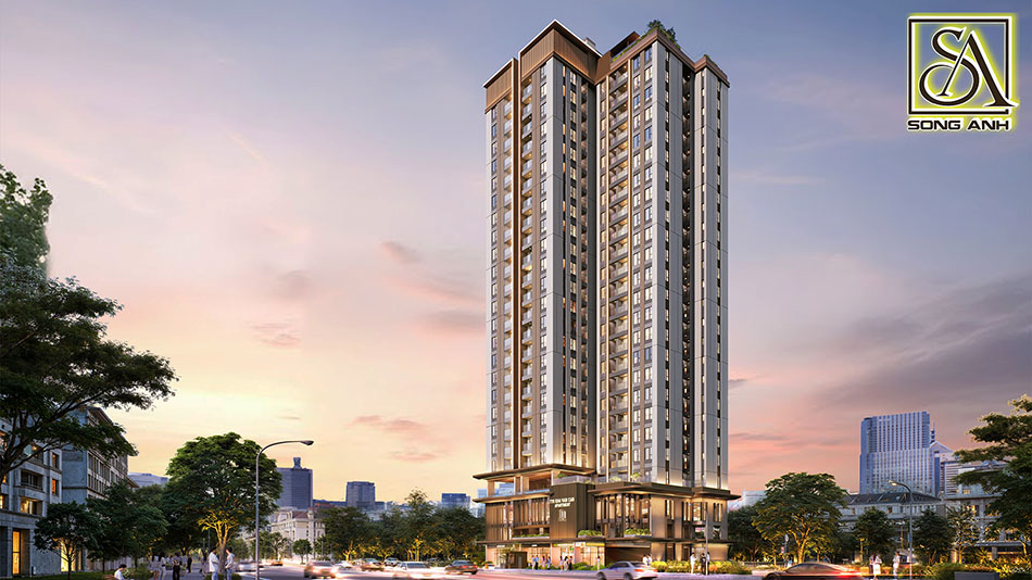 Phối cảnh chung cư 770 Kha Vạn Cân nhìn từ mặt đường, gồm khối tháp và khối đế công trình